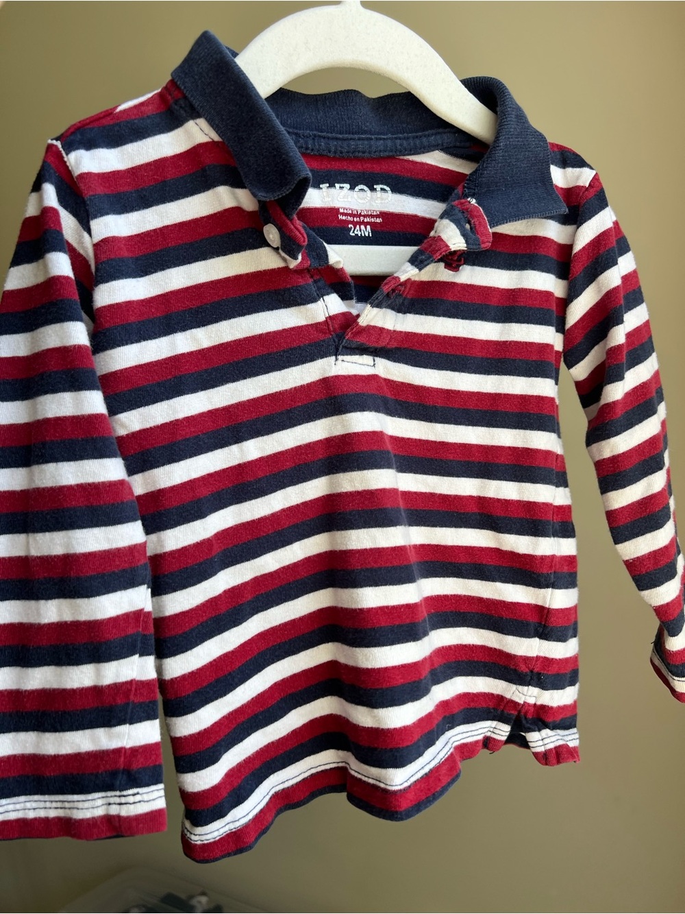IZOD Long-Sleeve Striped Polo Shirt - Red/Navy/White - 24M - 100% Cotton